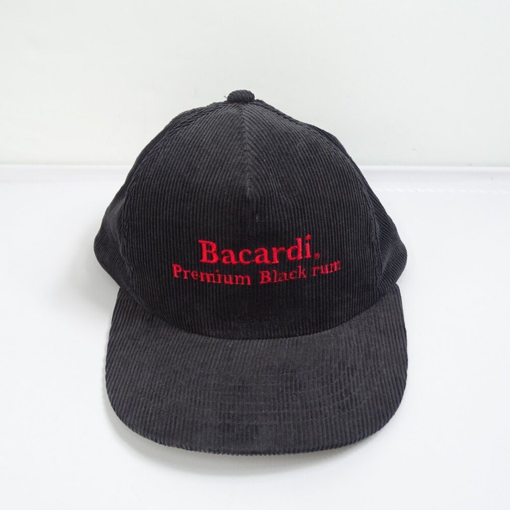 Vintage Bacardi Black‎ Rum Black Yupoong Corduroy SnapBack Hat Embroidered